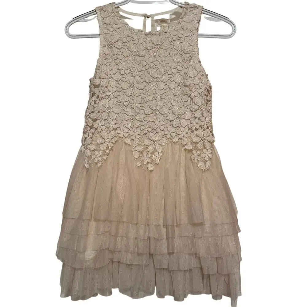 Forever 21 Girl's Beige Floral Crochet Top Tiered Ruffled Tulle Dress Size L
